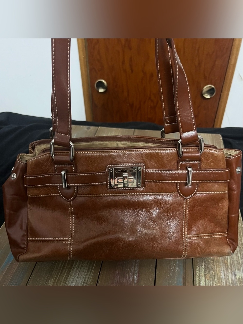 Vintage Croft & Barrow Brown Leather Shoulder Bag W Silver Hardware